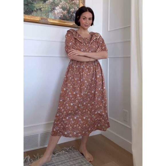 Stockplace The Label Amber Glow Brown Floral Ruffle Puff Sleeve Midi Dress Small - Picture 3 of 15